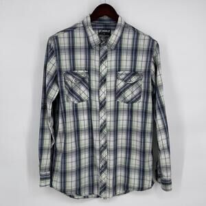Skully Shirt Mens Large Blue Green Plaid Long Sleeve Snap Front Pockets Casual
